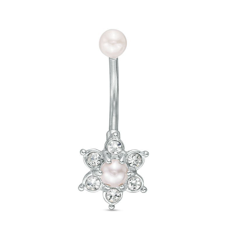 014 Gauge Faux Pearl and Cubic Zirconia Frame Flower Belly Button Ring in Stainless Steel