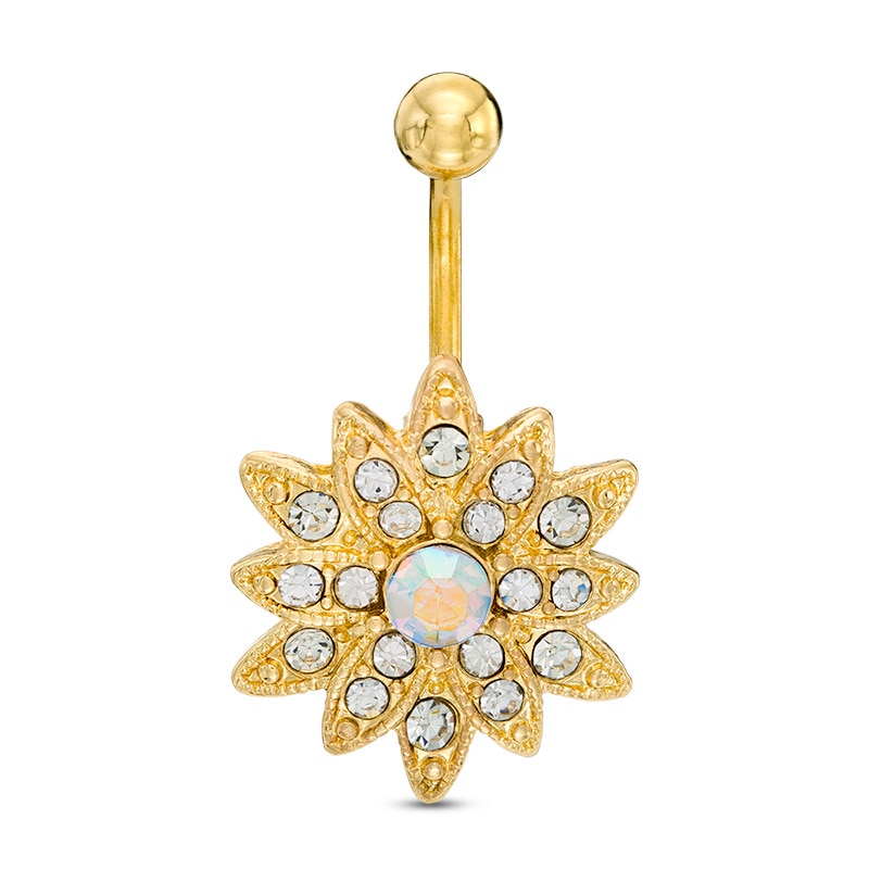 014 Gauge 5mm Iridescent and White Cubic Zirconia Flower Belly Button Ring in Stainless Steel with Yellow IP