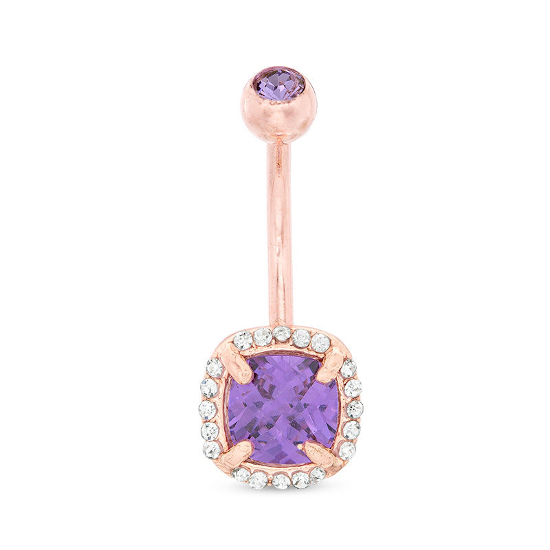 014 Gauge Cushion-Cut Purple Cubic Zirconia Frame Curved Belly Button Ring in Stainless Steel with Rose IP