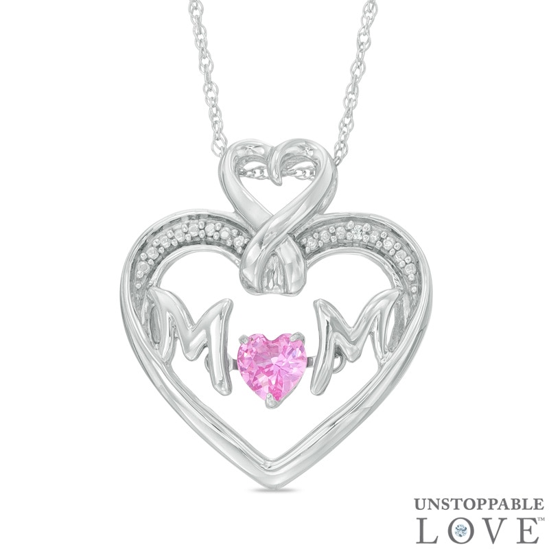 4mm Lab-Created Pink and White Sapphire "MOM" Heart Pendant in Sterling Silver