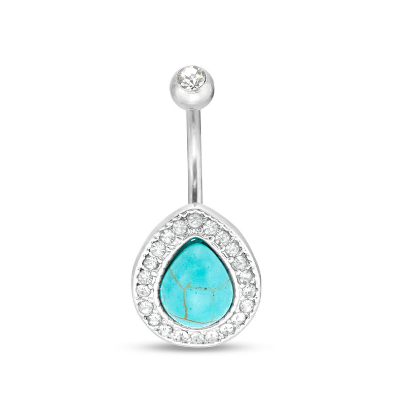 014 Gauge Pear-Shaped Simulated Turquoise and Cubic Zirconia Frame Belly Button Ring in Stainless Steel