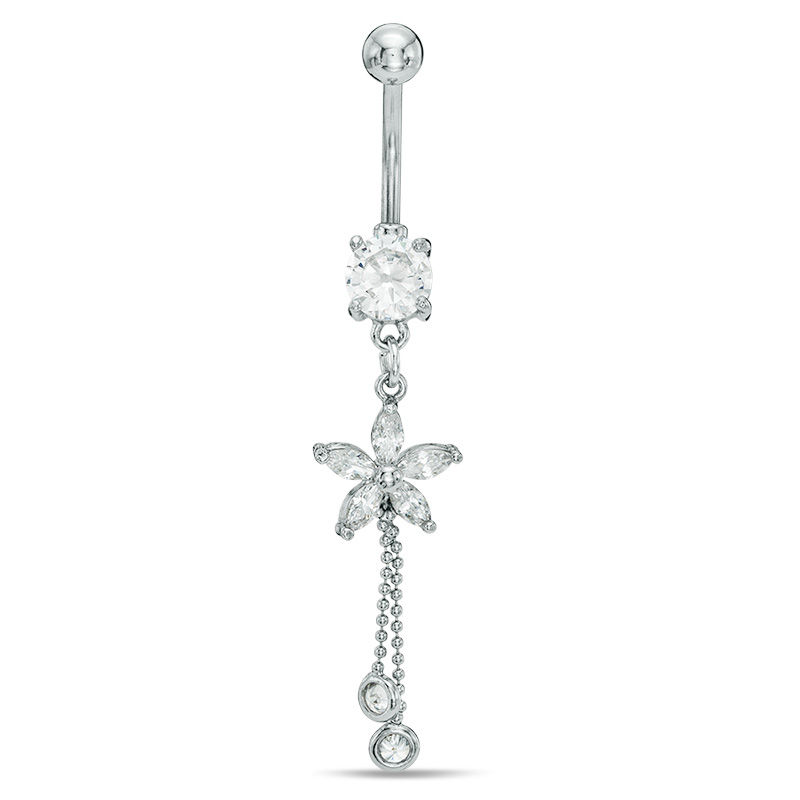 014 Gauge Cubic Zirconia Flower Dangle Belly Button Ring in Stainless Steel