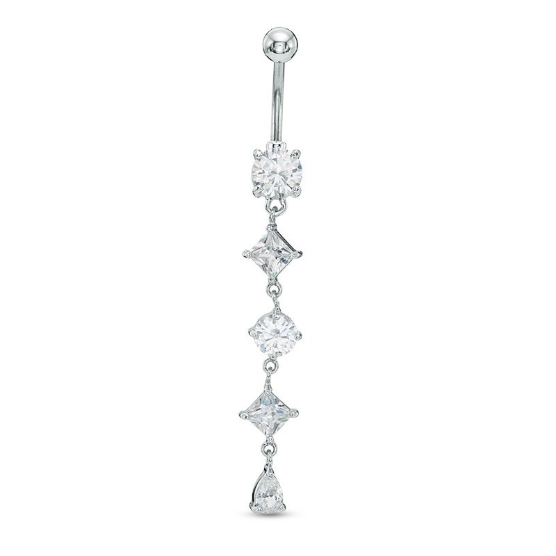014 Gauge Multi-Shaped Cubic Zirconia Dangle Belly Button Ring in Stainless Steel