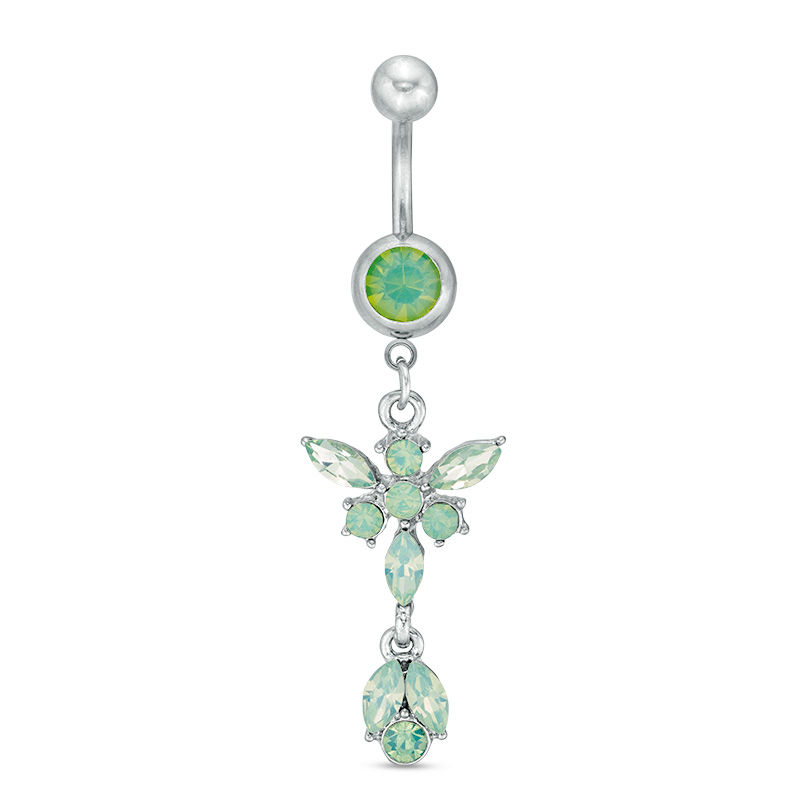 014 Gauge Iridescent Green Cubic Zirconia Butterfly Dangle Belly Button Ring in Stainless Steel