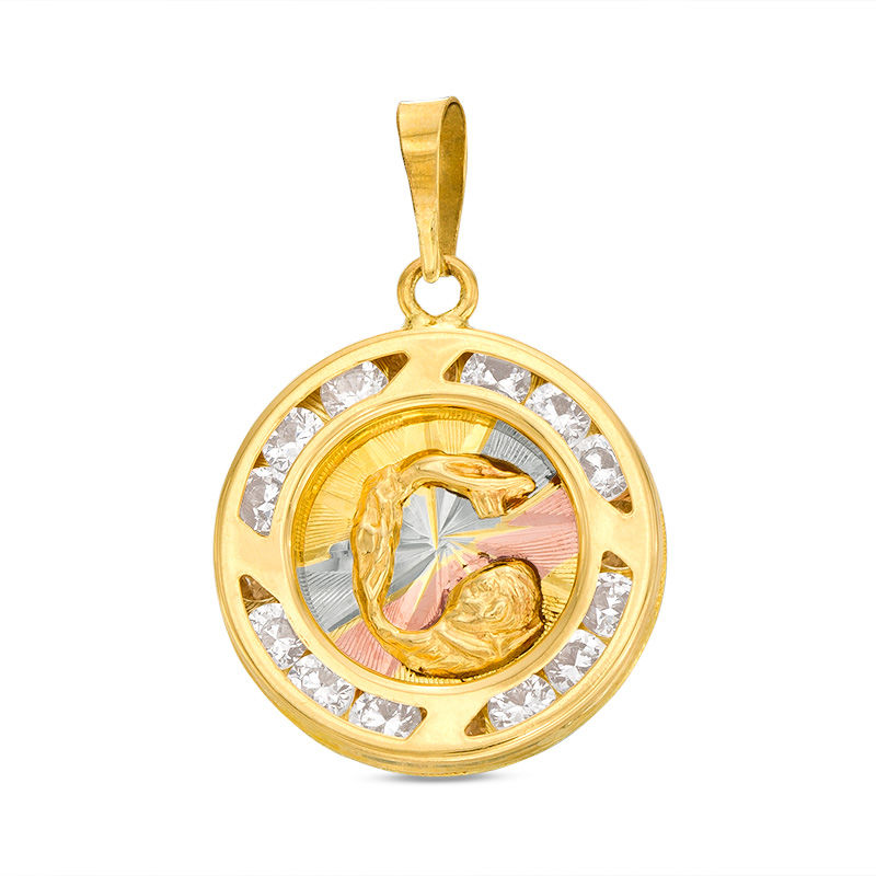 Bautizo Diamond-Cut Medallion Necklace Charm in 10K Tri-Tone Gold with Cubic Zirconia