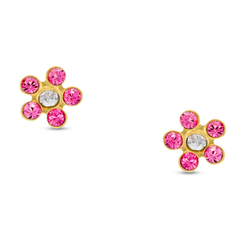 Child's Pink and White Crystal Flower Stud Earrings in 14K Gold