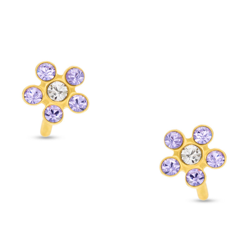Child's Purple and White Crystal Flower Stud Earrings in 14K Gold