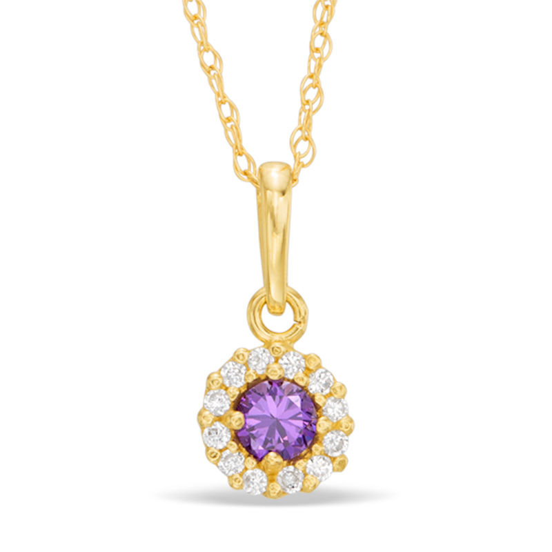 Child's 3mm Purple and White Cubic Zirconia Frame Pendant in 10K Gold - 13"