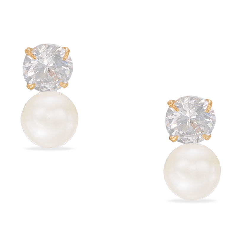 Child's 2.5mm Cultured Freshwater Pearl and Cubic Zirconia Drop Earrings in 14K Gold
