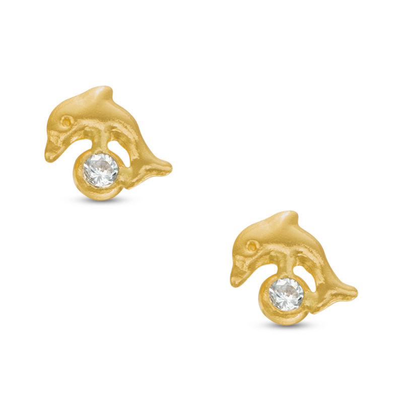 Child's Cubic Zirconia Dolphin Stud Earrings in 14K Gold