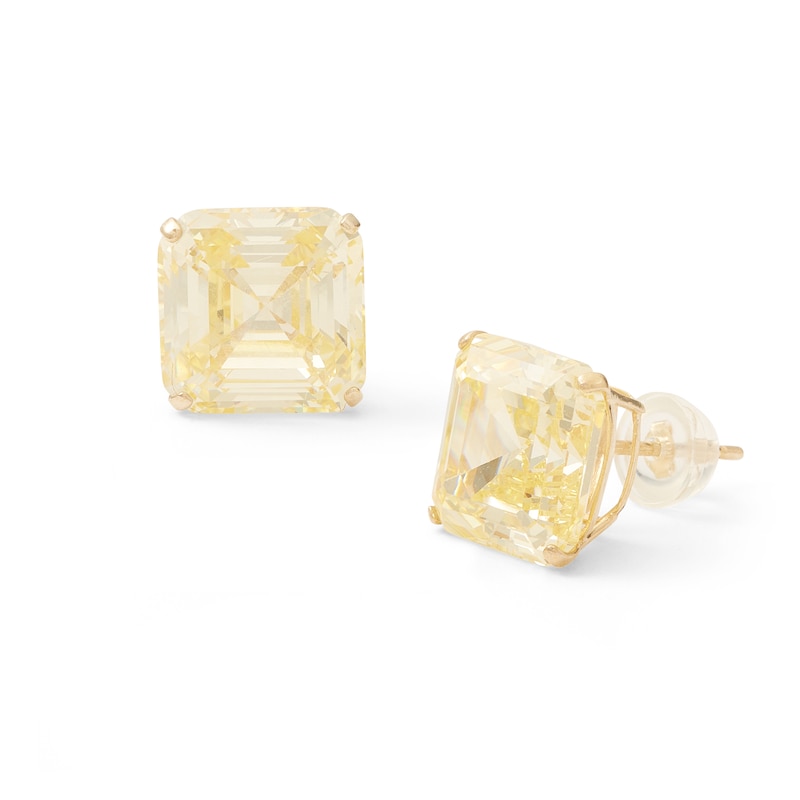 10mm Fancy Square Yellow Cubic Zirconia Solitaire Stud Earrings in 14K Gold