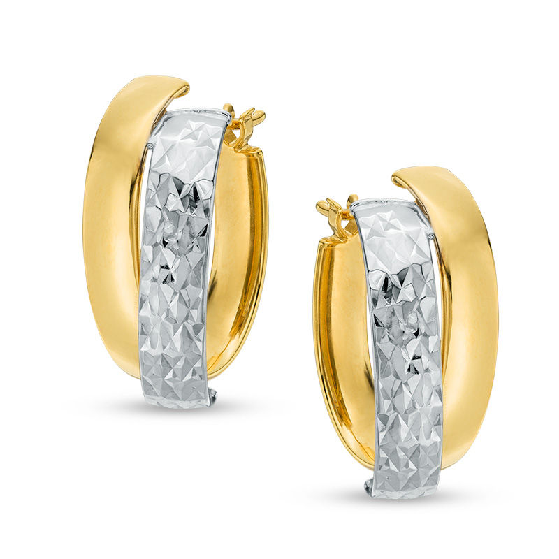 Made in Italy Diamond-Cut Oval Crossover Hoop Earrings in 10K Two-Tone Gold