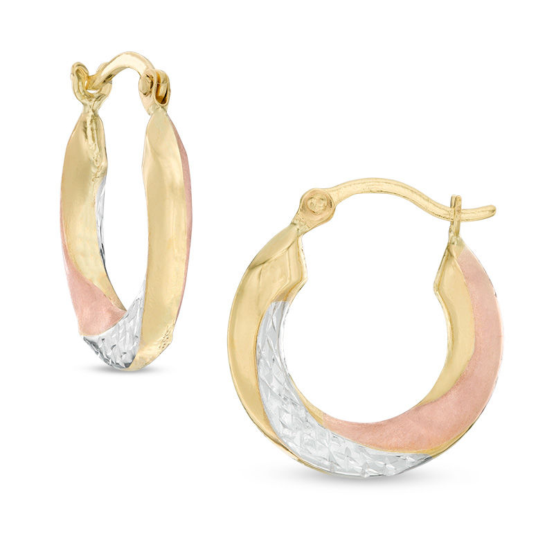 Multi-Finish Hoop Earrings in 10K Stamp Hollow Tri-Tone Gold
