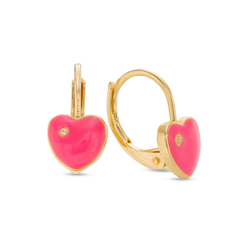 Child's Cubic Zirconia and Pink Enamel Heart Drop Earrings in Brass with 18K Gold Plate