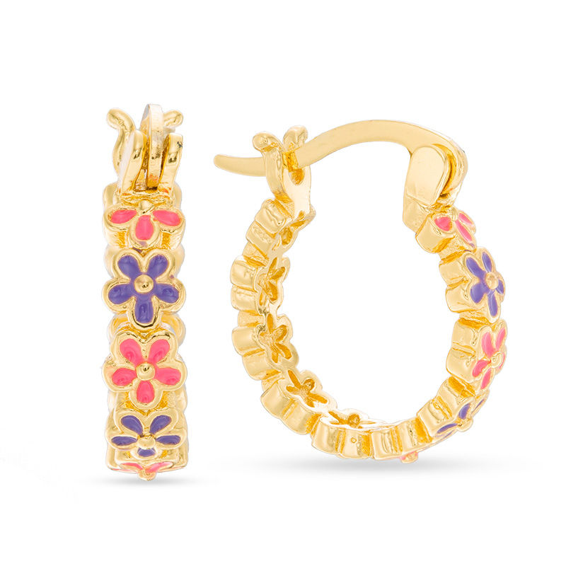 Child's Pink and Purple Enamel Daisy Hoop Earrings in Brass with 18K Gold Plate