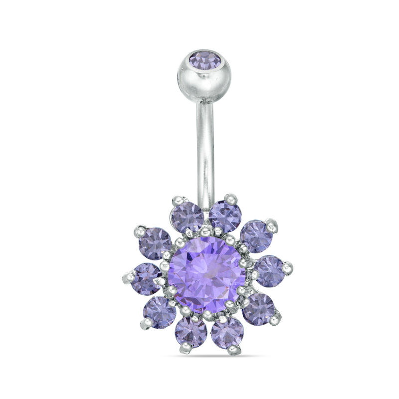 014 Gauge Purple Cubic Zirconia and Crystal Flower Belly Button Ring in Stainless Steel and Brass