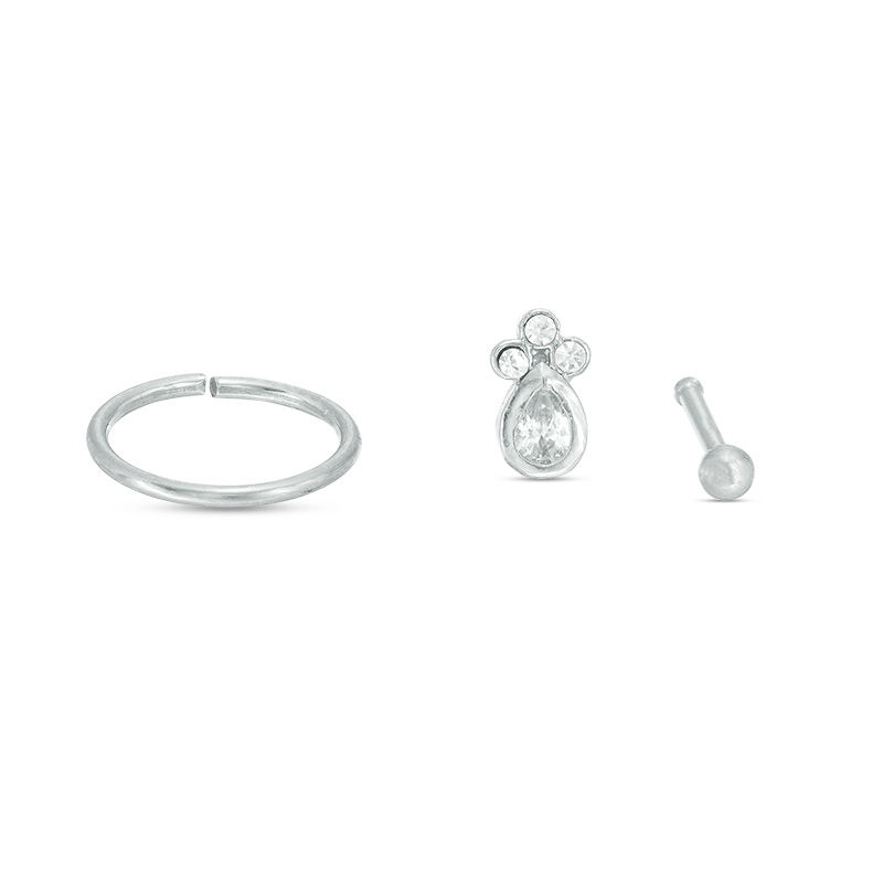 020 Gauge Cubic Zirconia and Crystal Nose Ring Set in Stainless Steel