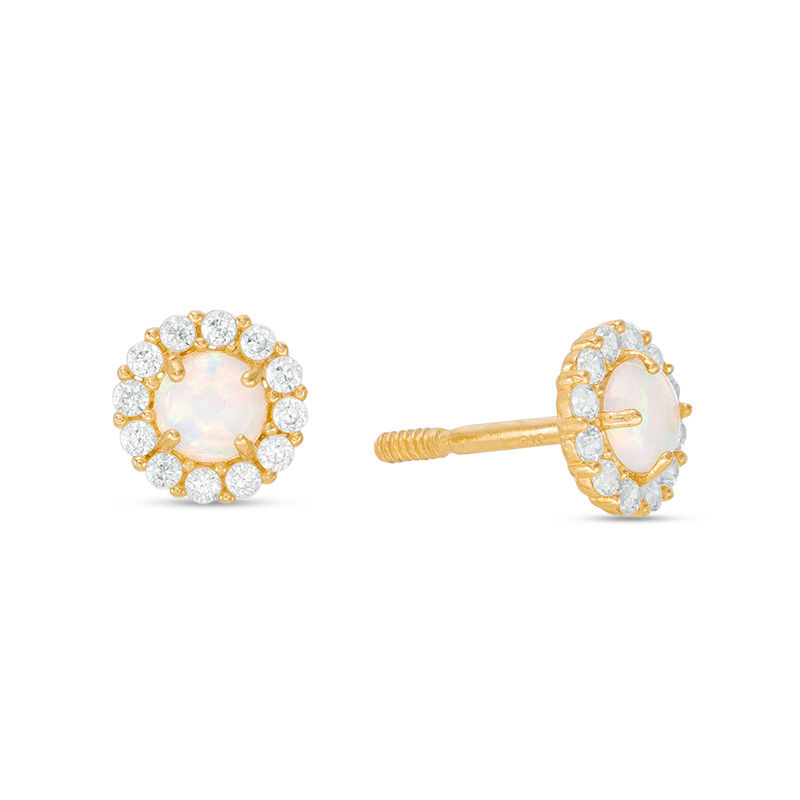 Child's 3mm Simulated Opal and Cubic Zirconia Frame Stud Earrings in 14K Gold