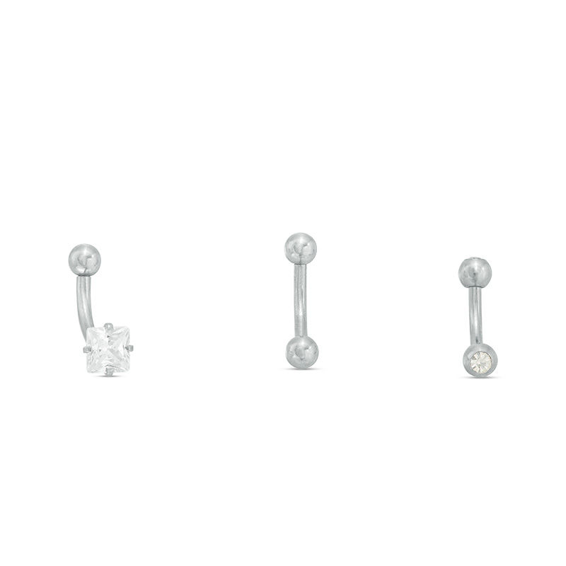 Solid Stainless Steel CZ and Crystal Three Piece Curved Barbell Set - 16G