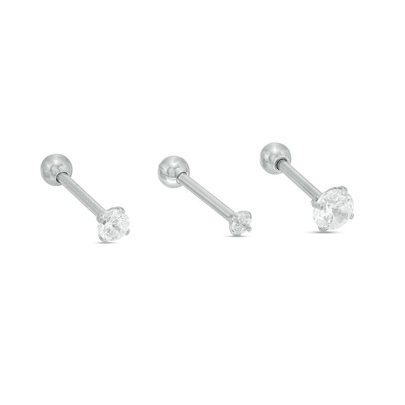 018 Gauge Cubic Zirconia Three Piece Cartilage Barbell Set in Stainless Steel