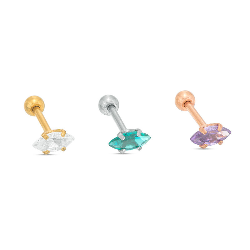 018 Gauge Marquise Cubic Zirconia Three Piece Cartilage Barbell Set in Stainless Steel with Yellow and Rose IP
