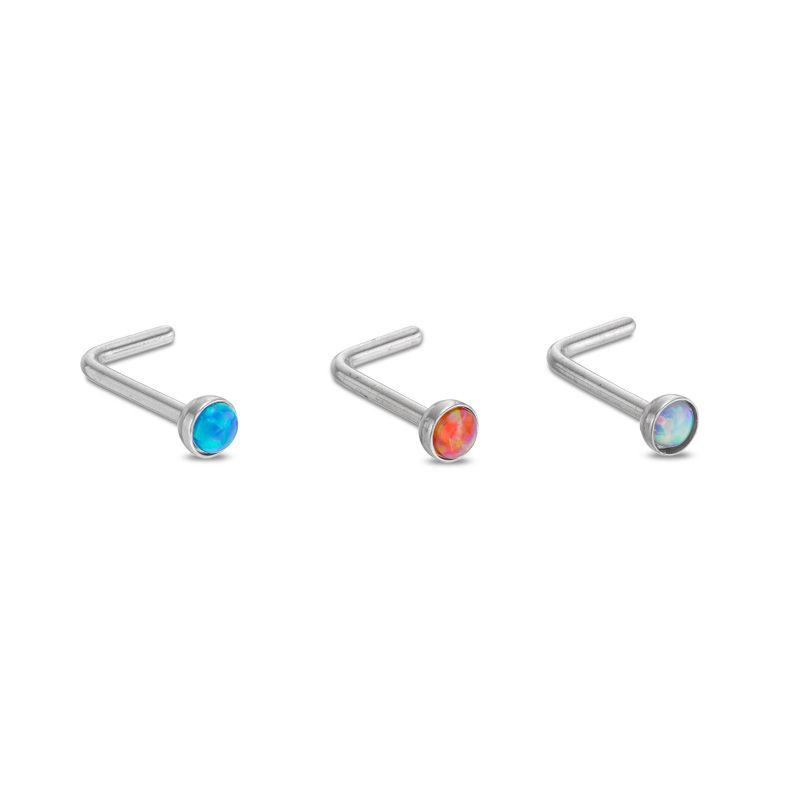 020 Gauge Multi-Color Lab-Created Opal Three Piece Nose Stud Set in Stainless Steel