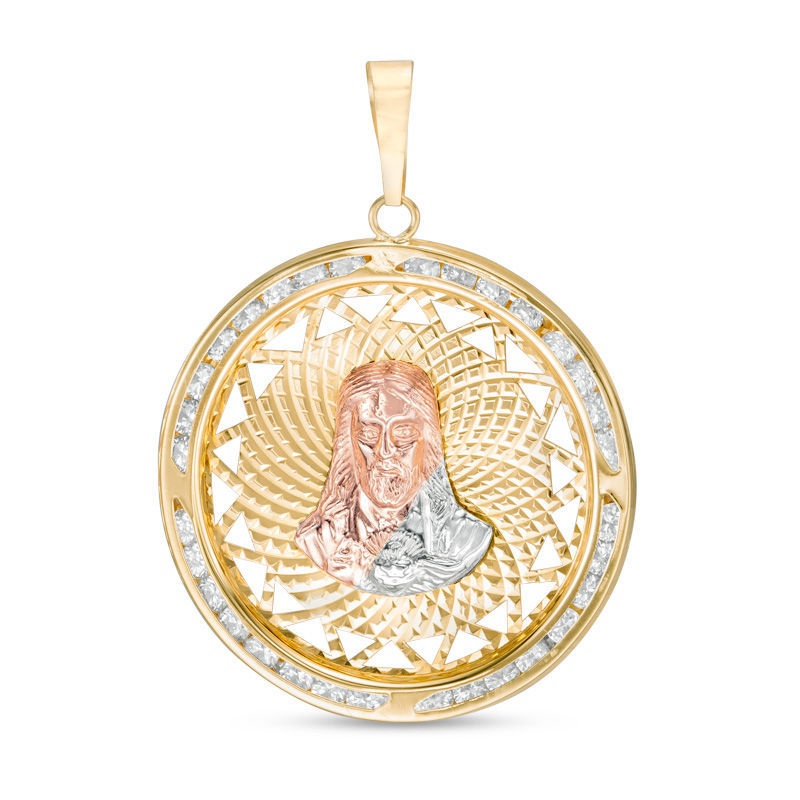 Cubic Zirconia Ornate Jesus Medallion Necklace Charm in 10K Tri-Tone Gold