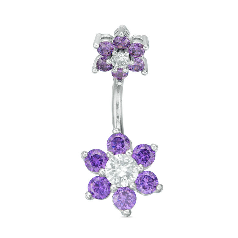 Stainless Steel CZ Purple and White Double Flower Belly Button Ring - 14G