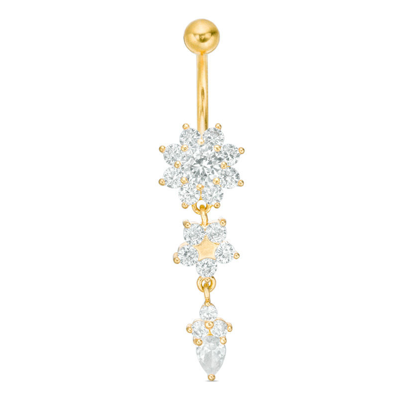 Yellow Ion Plated Teardrop CZ Flower Belly Button Ring - 14G 3/8"