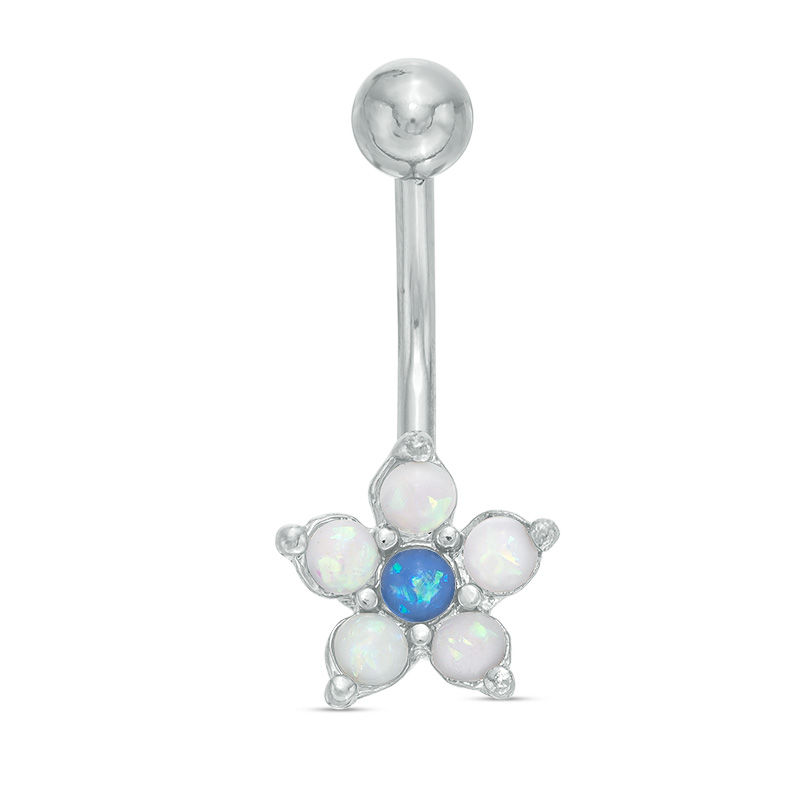 014 Gauge Blue and White Opal Acrylic Flower Belly Button Ring in Stainless Steel