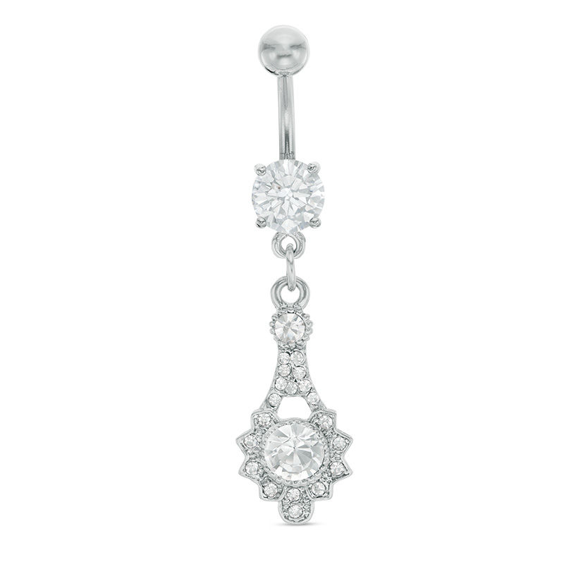 014 Gauge Lab-Created Cubic Zirconia and Crystal Flower Dangle Belly Button Ring in Solid Stainless Steel and Brass