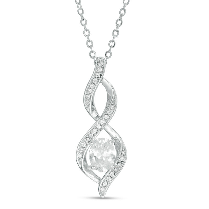 Oval Cubic Zirconia and Crystal Infinity Flame Pendant in Brass with White Rhodium