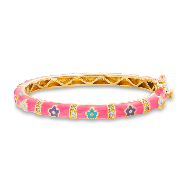 Child's Cubic Zirconia and Multi-Color Enamel Flower Bangle in Brass with 18K Gold Plate - 5"