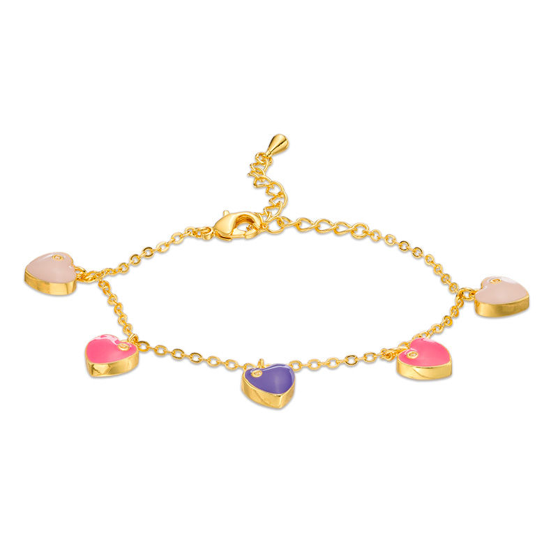 Child's Cubic Zirconia and Multi-Color Enamel Hearts Charm Bracelet in Brass with 18K Gold Plate - 7.5"