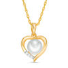 Thumbnail Image 0 of Button Cultured Freshwater Pearl and Lab-Created White Sapphire Heart Pendant in Sterling Silver with 14K Gold Plate