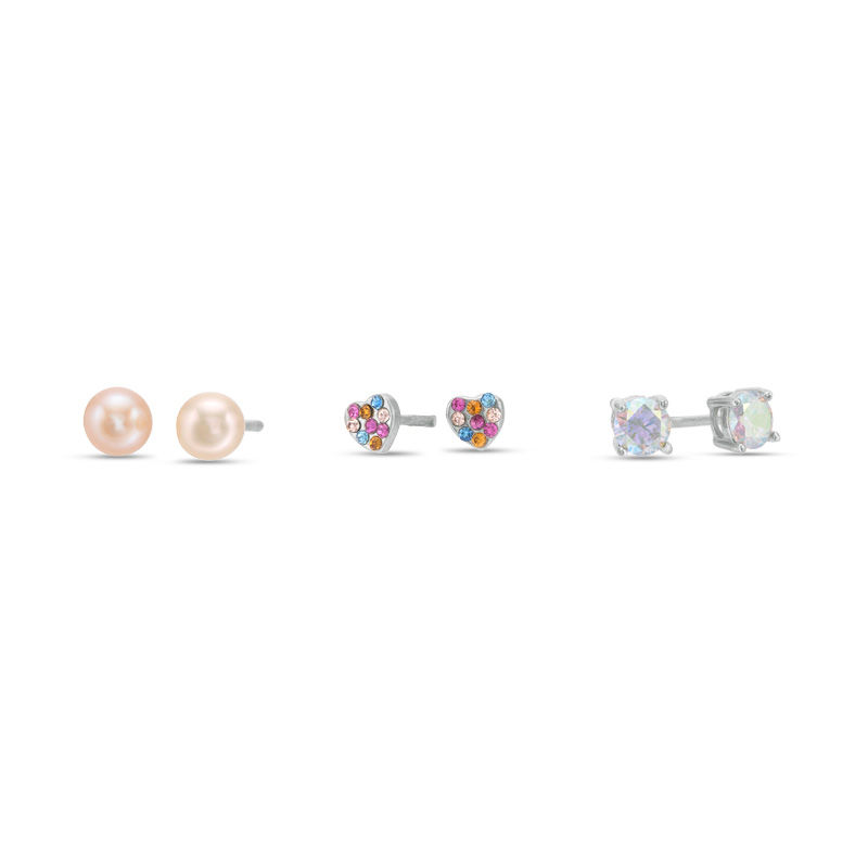 Child's Dyed Pink Simulated Pearl, Iridescent Cubic Zirconia and Multi-Color Crystal Earrings Set in Sterling Silver