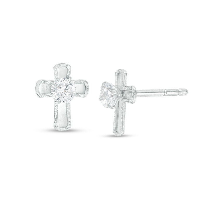 3mm Cubic Zirconia and Diamond-Cut Cross Stud Earrings in Sterling Silver