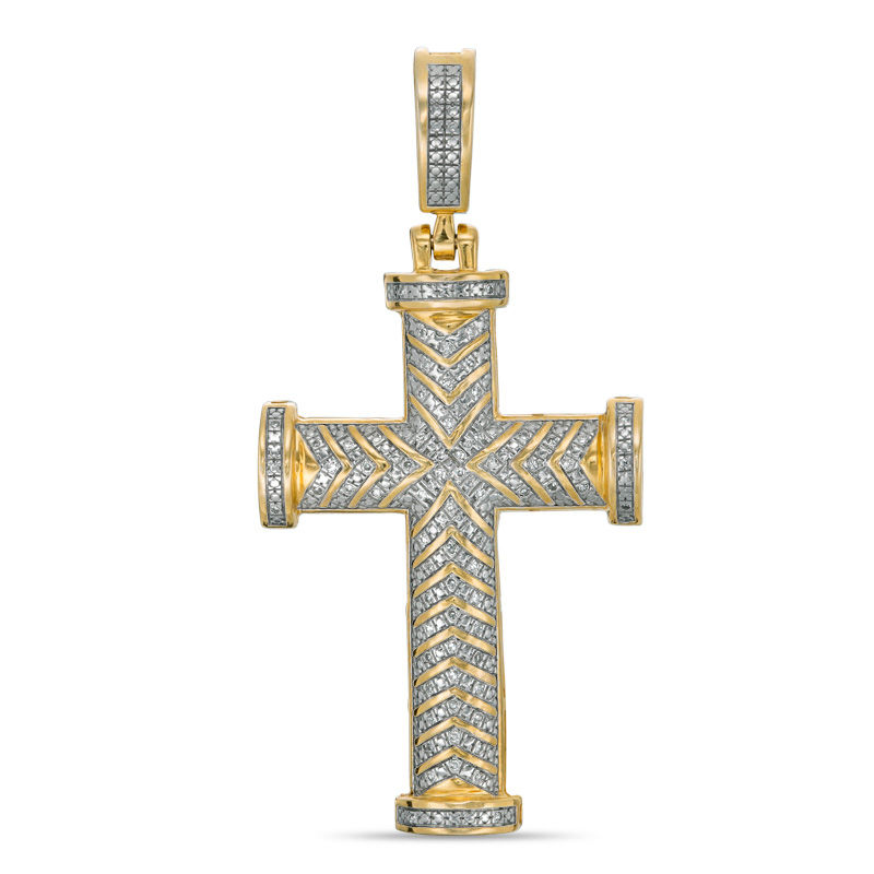 1/10 CT. T.W. Diamond Chevron Striped Cross Pendant Charm in Sterling Silver with 14K Gold Plate