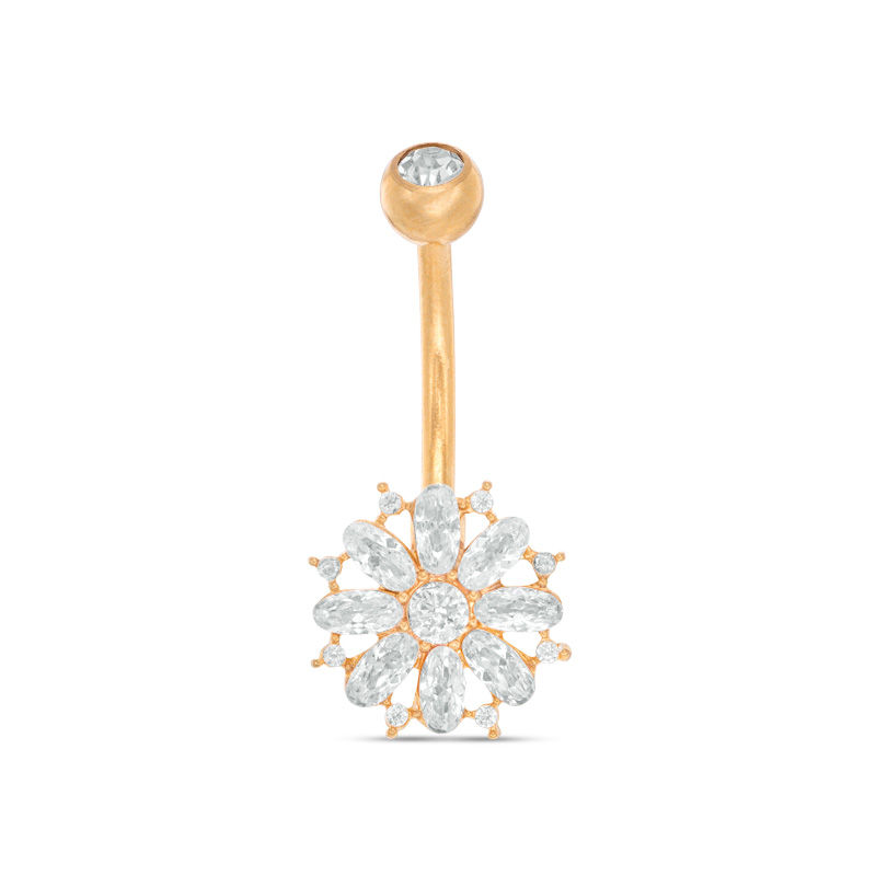 014 Gauge Crystal and Cubic Zirconia Flower Curved Belly Button Ring in Stainless Steel with Yellow IP