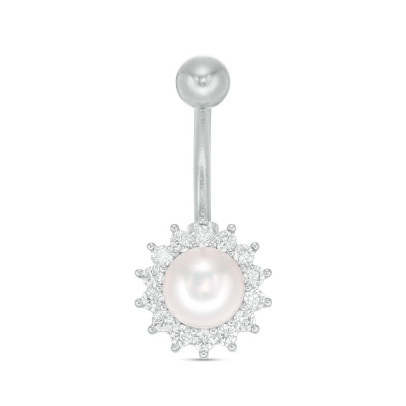 014 Gauge Pearl and Cubic Zirconia Frame Curved Belly Button Ring in Brass and Stainless Steel