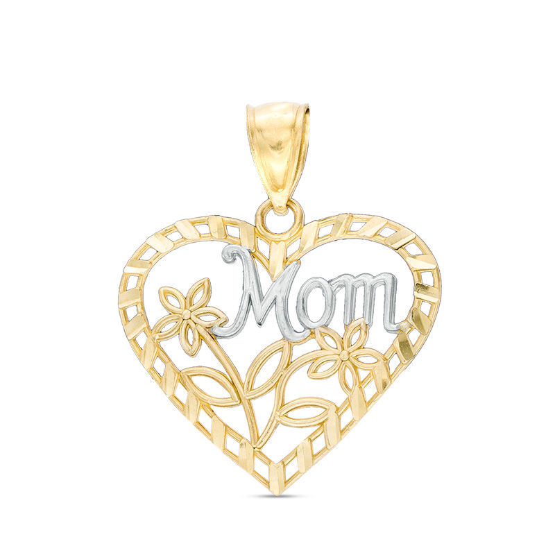 Cursive "Mom" with Flowers Diamond-Cut Heart Two-Tone Necklace Charm in 10K Gold