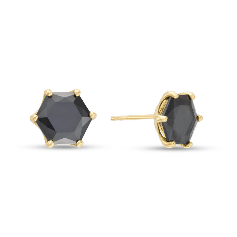 8mm Hexagonal Black Cubic Zirconia Solitaire Stud Earrings in 10K Gold