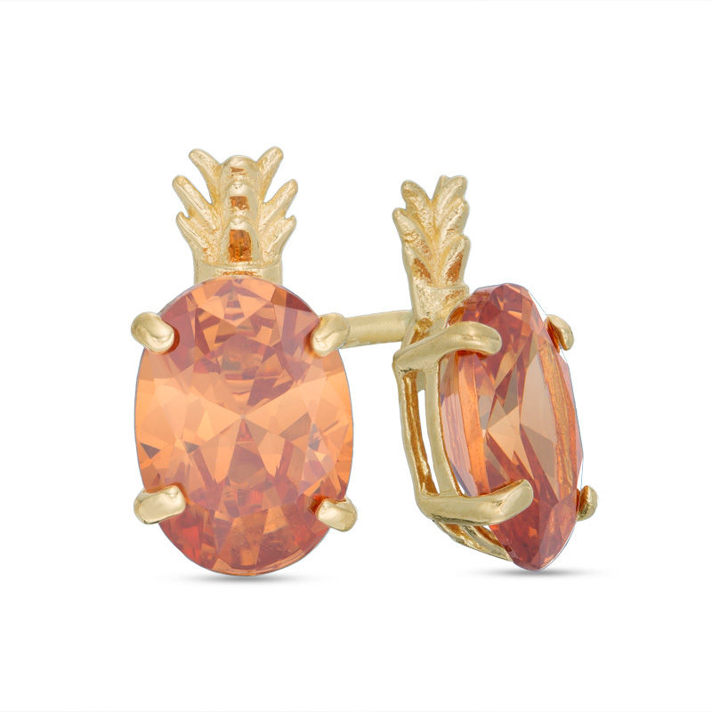 Oval Orange Cubic Zirconia Pineapple Stud Earrings in 10K Gold