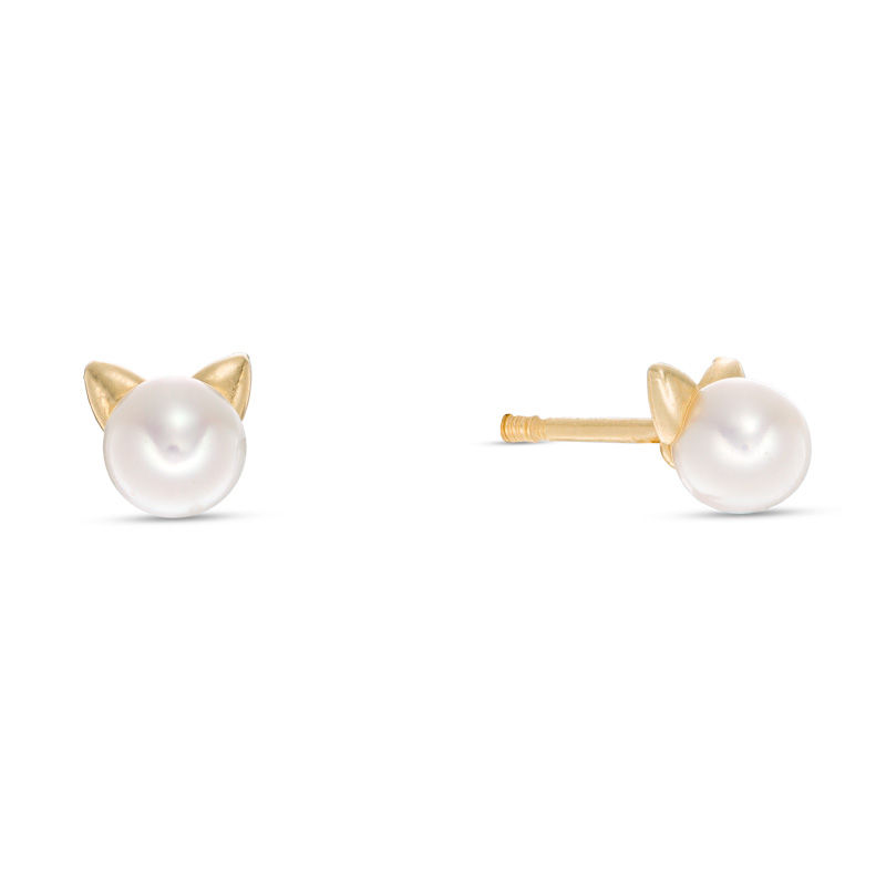 Child's 4.5mm Pearl Cat Stud Earrings in 14K Gold