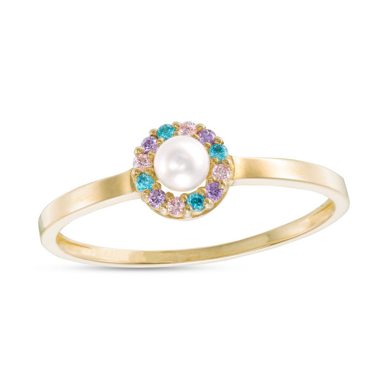 Child's 3mm Pearl and Multi-Color Cubic Zirconia Frame Ring in 10K Gold - Size 3