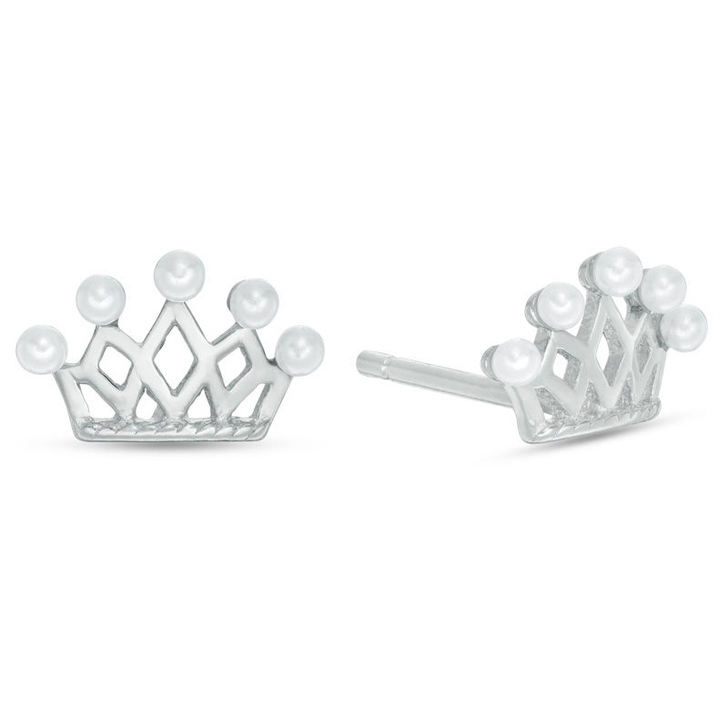 Child's Simulated Pearl Crown Stud Earrings in Sterling Silver