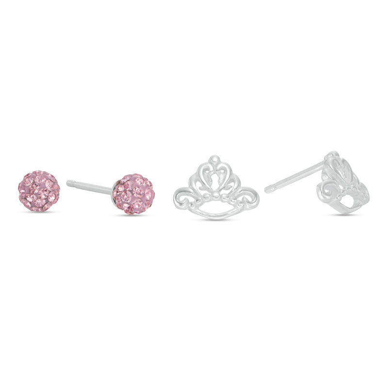Child's Pink Crystal Ball and Crown Stud Earrings Set in Sterling Silver