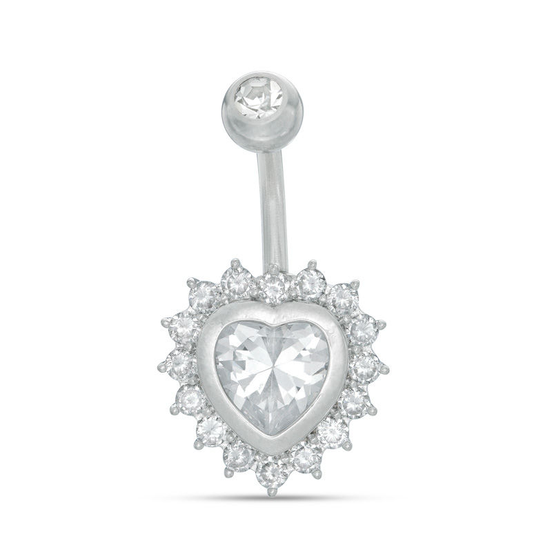014 Gauge 6mm Cubic Zirconia Shadow Heart Belly Button Ring in Stainless Steel