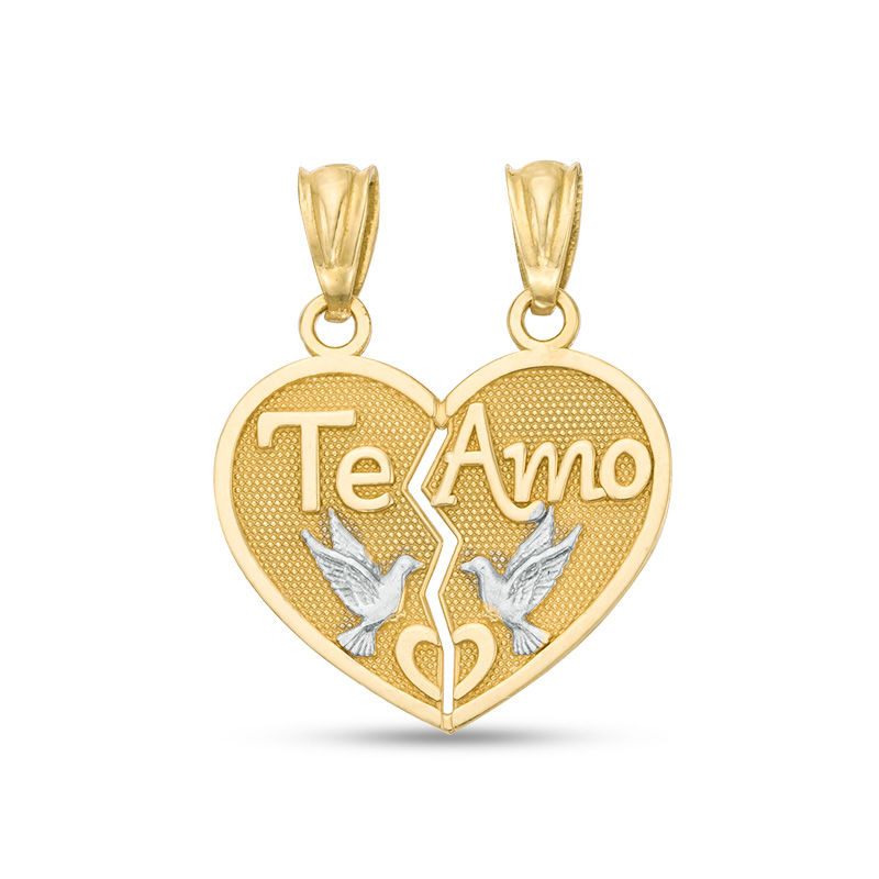 "Te Amo" and Doves Textured Two Halves of One Heart Two-Tone Necklace Charm in 10K Gold