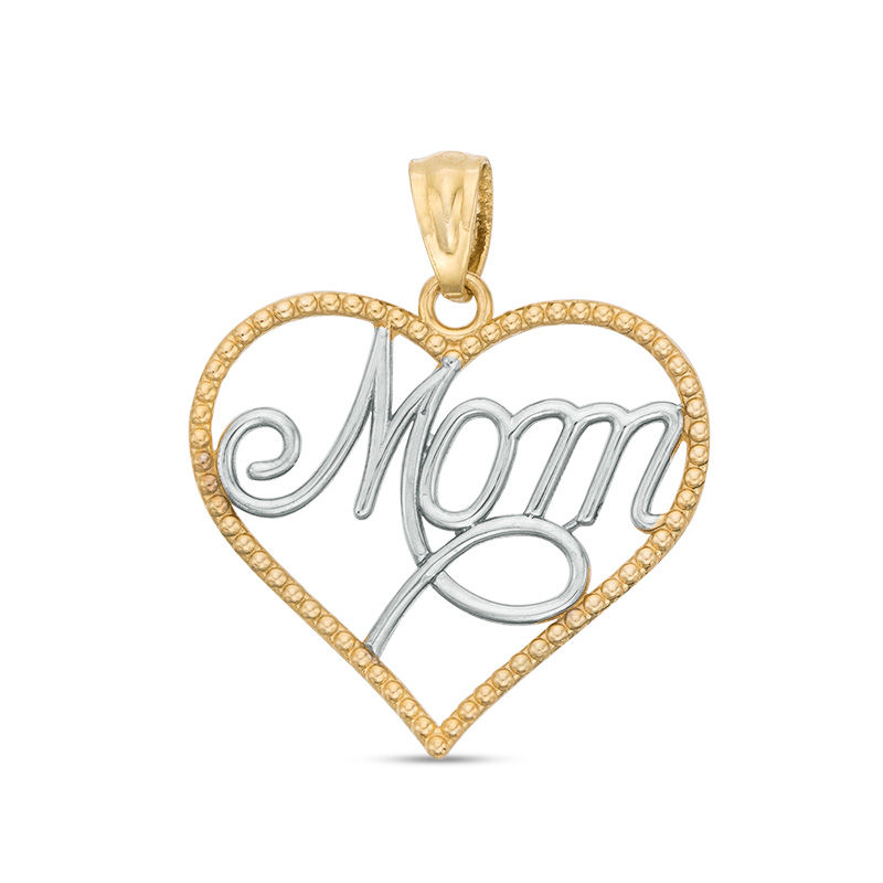 "Mom" Beaded Heart Pendant Charm in 10K Two-Tone Gold